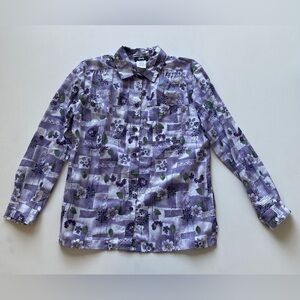 Vintage Tapestry Purple Garden Floral Button Up Roll Tab Shirt Women's Medium